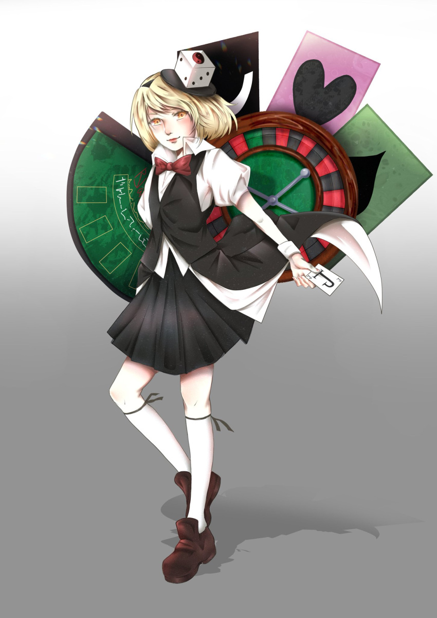 1other androgynous bad_id bad_twitter_id black_hairband black_hakama black_ribbon black_vest blonde_hair blue_nails blush bow bowtie brown_footwear card closed_mouth collared_shirt commentary dice_hair_ornament english_commentary eye_of_senri full_body gradient_background grey_background hair_ornament hairband hakama hakama_short_skirt hakama_skirt high_collar highres holding holding_card japanese_clothes joker_(playing_card) kneehighs len'en light_smile loafers luo_qiangwei nail_polish orange_eyes other_focus playing_card puffy_short_sleeves puffy_sleeves red_bow red_bowtie red_lips ribbon ribbon_legwear roulette_table shadow shirt shoes short_hair short_sleeves simple_background skirt socks solo table traditional_bowtie v-neck vest white_shirt white_sleeves white_wrist_cuffs wrist_cuffs xeno_a