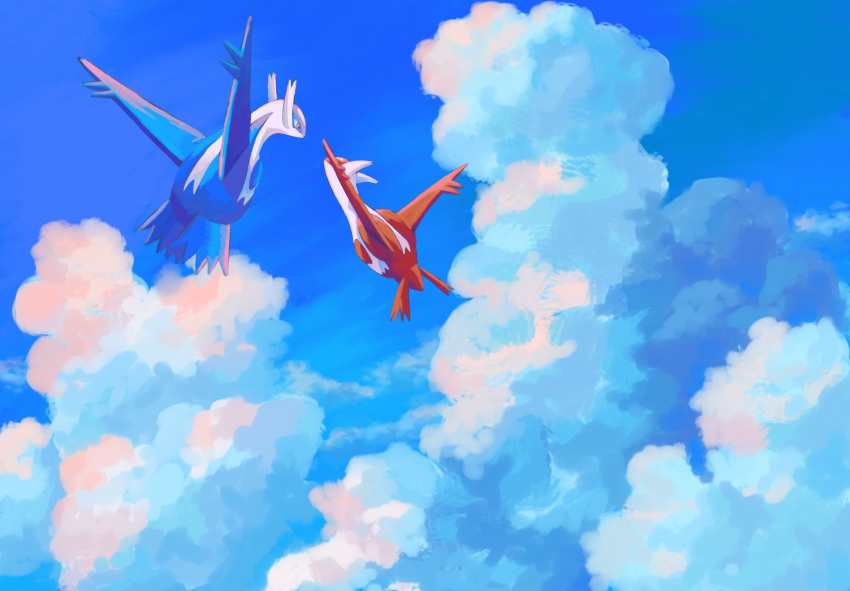 blue_wings clouds dragon highres keruasu0629 latias latios midair no_humans outdoors pokemon pokemon_(creature) red_wings sky wings