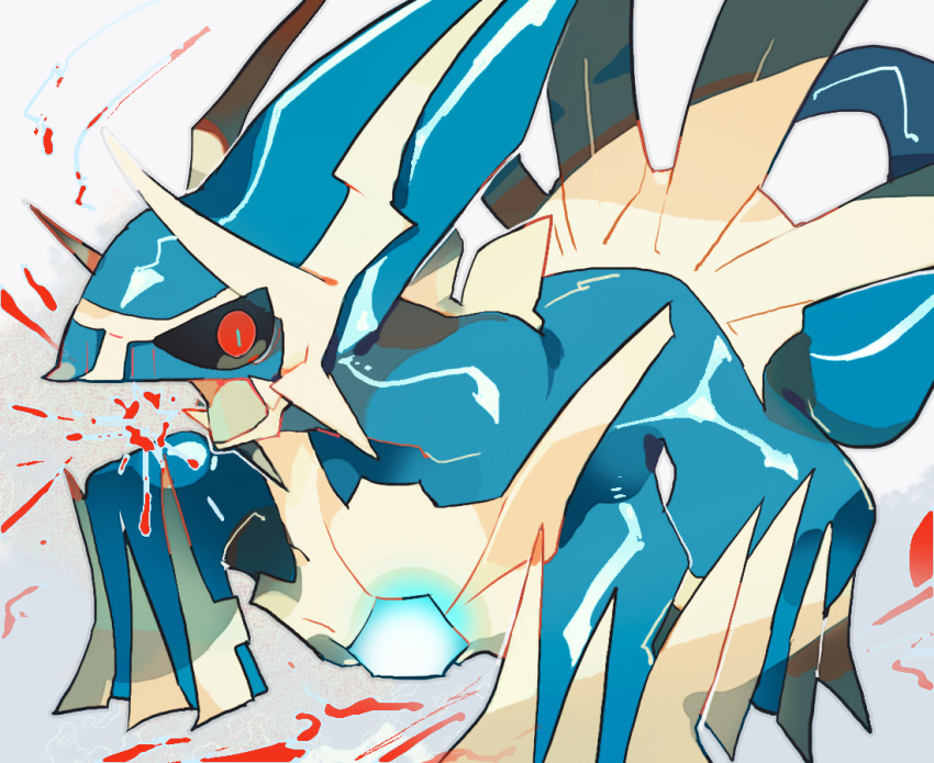 akadako animal_focus bags_under_eyes black_sclera blue_gemstone blue_pupils breath_weapon colored_sclera commentary_request dated_commentary dialga gem glowing looking_at_viewer no_humans one-hour_drawing_challenge open_mouth partial_commentary pokemon pokemon_(creature) powering_up red_eyes slit_pupils solo standing