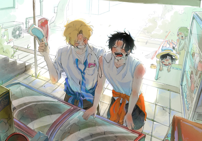 4boys aged_down black_eyes black_hair blonde_hair body_blush brothers butterfly_net c_a_k_e closed_eyes clothes_around_waist cowboy_shot day earphones food freckles full_body green_hair hand_net hat highres ice_cream looking_at_another lying male_focus monkey_d._luffy multiple_boys on_stomach one_piece outdoors portgas_d._ace refrigerator roronoa_zoro sabo_(one_piece) scar scar_on_cheek scar_on_face shade shared_earphones short_hair siblings sitting straw_hat sweat tongue tongue_out