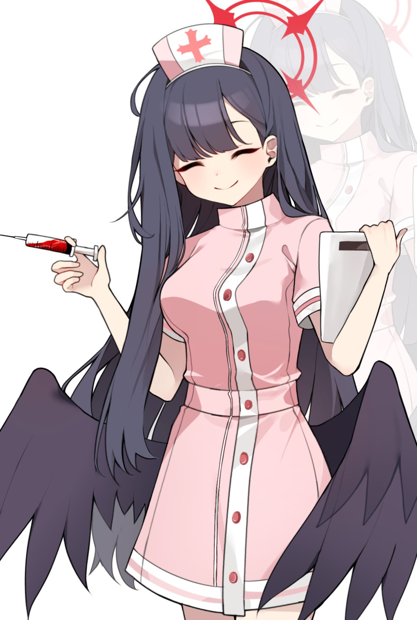 1girl bagjeomlye88315 black_hair black_wings blue_archive blush breasts buttons closed_eyes closed_mouth cosplay cowboy_shot dress facing_viewer feathered_wings halo hat highres holding holding_syringe ichika_(blue_archive) long_hair medium_breasts nurse_cap pink_dress pink_hat red_halo serina_(blue_archive) serina_(blue_archive)_(cosplay) serina_(nurse)_(blue_archive) short_sleeves smile solo syringe wings zoom_layer