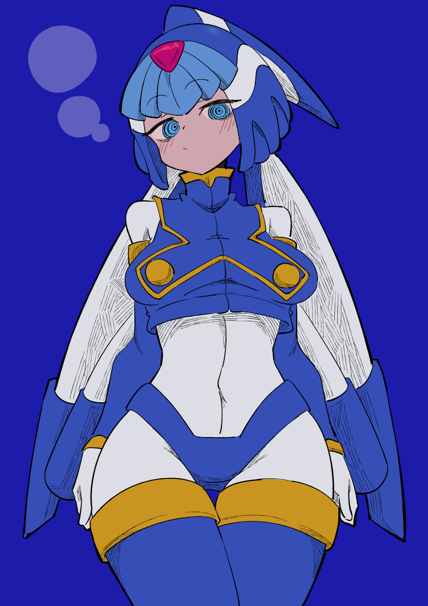 1girl absurdres android blue_background blue_eyes blue_footwear blue_helmet boots breasts buzzlyears covered_navel crop_top crotch_plate fairy_leviathan_(mega_man) helmet highres looking_at_viewer mega_man_(series) mega_man_zero_(series) ringed_eyes simple_background solo star_(symbol) thigh_boots upper_body