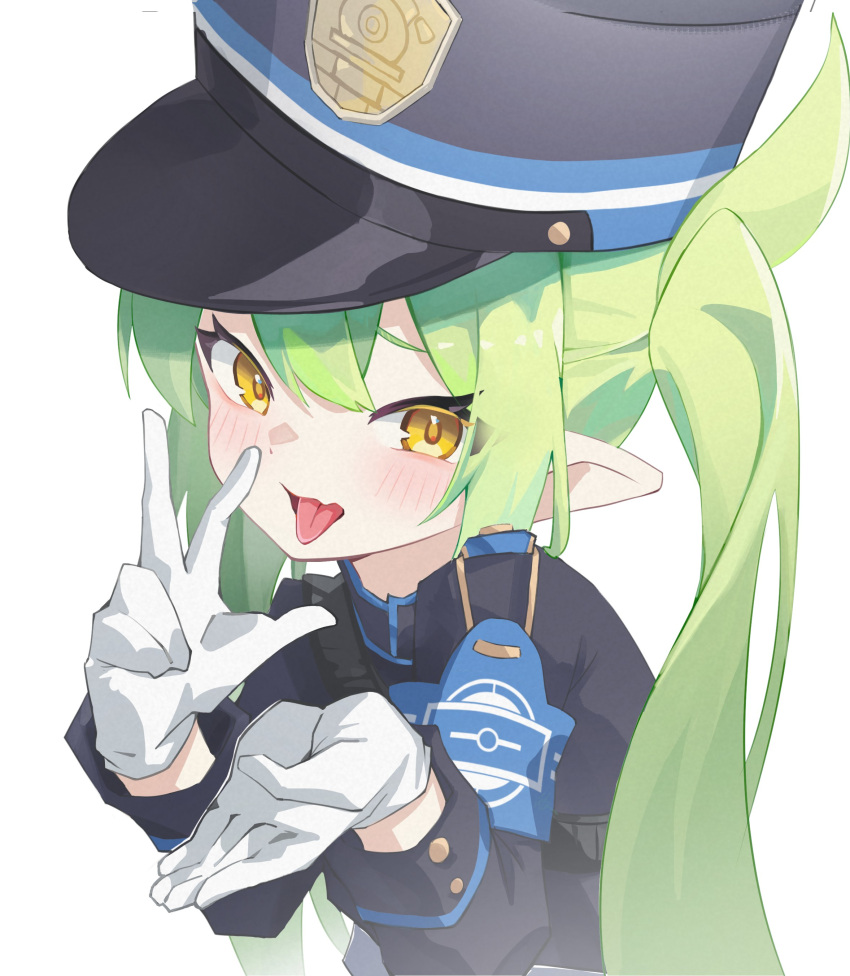 1girl :p absurdres armband black_hat black_jacket blue_archive blue_armband commentary_request gloves green_hair hat highlander_twintails_conductor_(blue_archive) highres jacket long_hair looking_at_viewer open_mouth simple_background solo tongue tongue_out twintails upper_body w white_background white_gloves xinrouyu yellow_eyes
