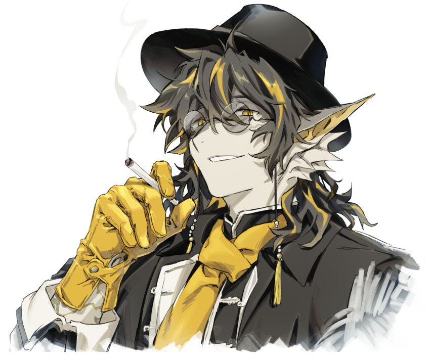 1boy arknights black_hair black_hat blonde_hair cigarette commentary_request dragon_boy dragon_ears eyewear_strap fins furry furry_male glasses gloves grin hand_up hat highres holding holding_cigarette lee_(arknights) long_hair looking_at_viewer male_focus multicolored_hair okonon_(kado_colda) pointy_ears round_eyewear simple_background slit_pupils smile smoke_trail solo streaked_hair upper_body white_background yellow_eyes yellow_gloves