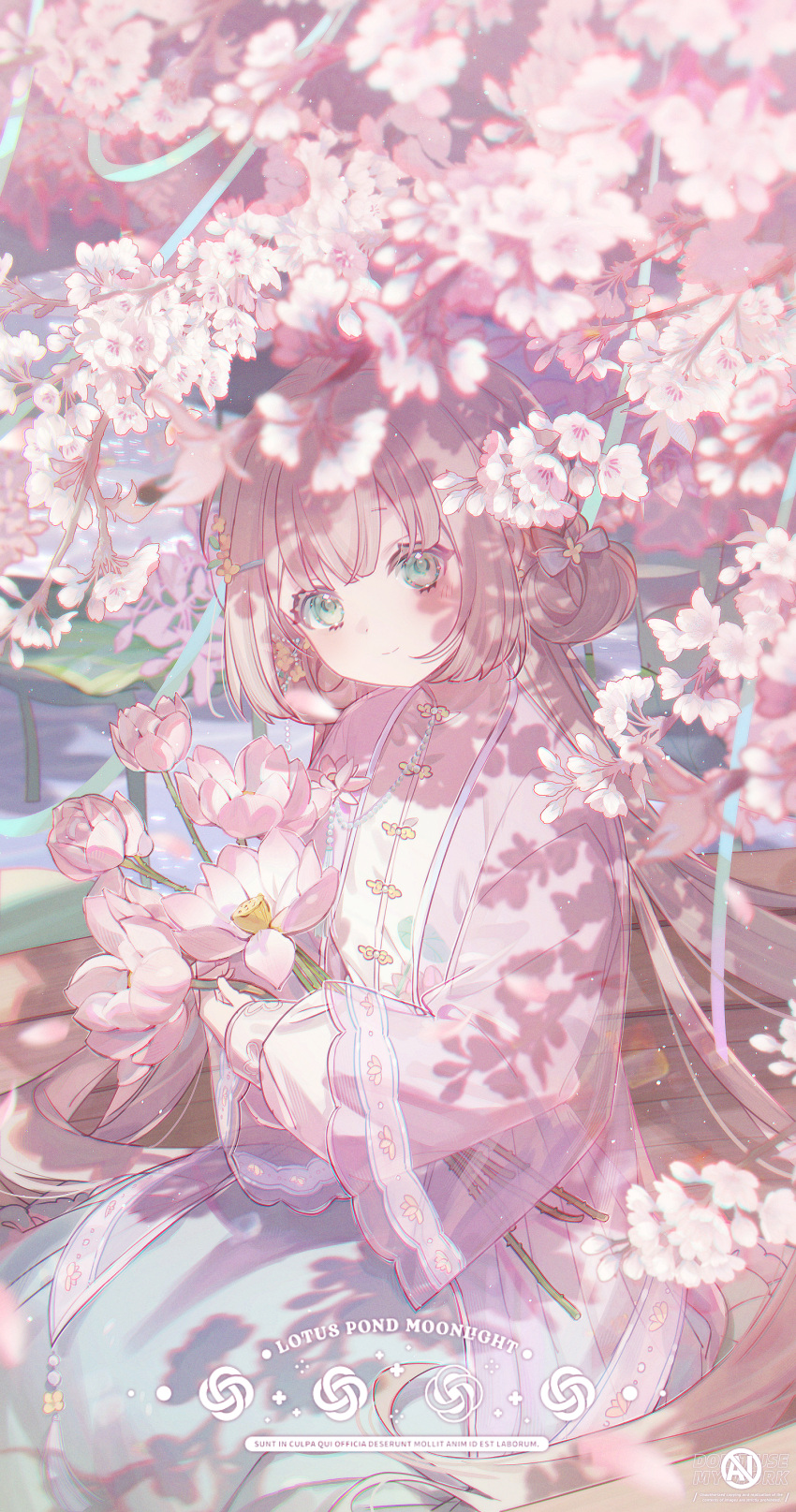 1girl absurdres aqua_dress blush brown_hair chinese_clothes commission dress floral_print flower green_eyes hair_ornament hairclip highres holding holding_flower long_hair long_sleeves looking_at_viewer lotus original outdoors see-through see-through_sleeves sitting smile solo two-tone_dress umehara_sei white_dress
