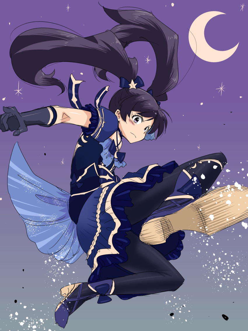 1girl angry black_hair black_pantyhose blush closed_mouth crescent_moon dot_nose dress emily_stewart fluffy_hair flying_kick frilled_dress frills hair_ornament highres idolmaster idolmaster_million_live! idolmaster_million_live!_theater_days jumping kicking looking_at_viewer matcha_kingyo moon night night_sky official_alternate_costume official_alternate_hairstyle pantyhose parted_bangs ribbon ribbon_shoes sidelocks sky solo star_(sky) starry_sky twintails v-shaped_eyebrows violet_eyes
