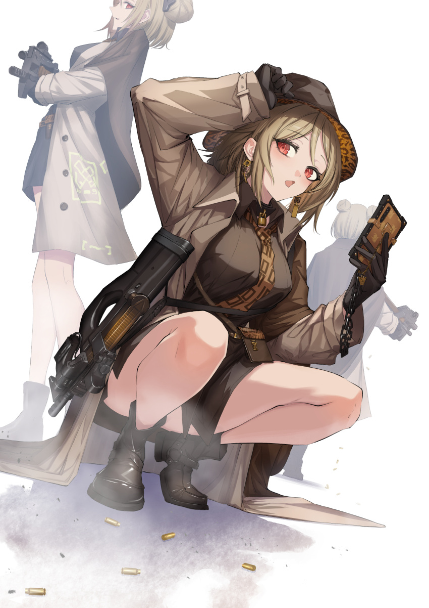 1girl arm_up black_footwear breasts bullpup coat girls_frontline gloves gun hand_on_headwear hat highres light_brown_hair looking_at_viewer official_alternate_costume p90 p90_(girls'_frontline) p90_(the_girl_from_b.e.l)_(girls'_frontline) phone red_eyes squatting submachine_gun weapon yakupan