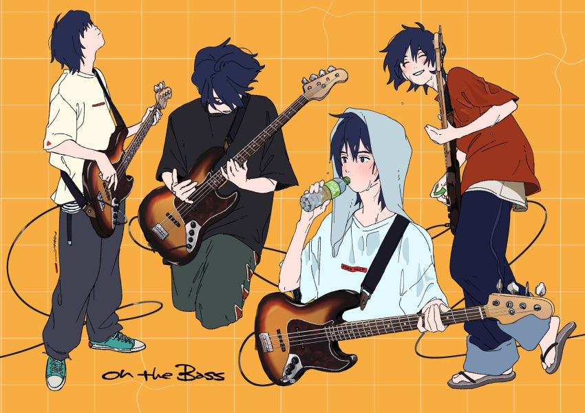 1boy all_nobori artist_name black_hair black_pants black_shirt blue_footwear blue_pants closed_mouth cropped_legs cropped_torso cross-laced_footwear denim drinking electric_guitar english_commentary english_text floating_hair full_body grid_background grin guitar hand_up highres holding holding_guitar holding_instrument holding_plectrum instrument jeans multiple_views music original pants pants_rolled_up plastic_bottle playing_instrument plectrum red_shirt sandals shirt shoes short_hair short_sleeves smile sneakers sweat wet wet_clothes white_shirt yellow_background