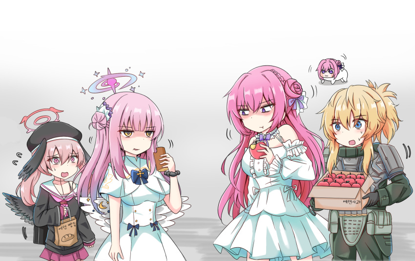 4girls angel_wings apple armor bare_shoulders beret black_hat black_wings blonde_hair blue_archive blue_eyes breasts cake capelet cyberdemon_no3 doro_(nikke) dorothy_(nikke) dress feathered_wings flower-shaped_hair food frilled_dress frilled_ribbon frills fruit goddess_of_victory:_nikke hair_bun hair_intakes hair_ornament halo hat head_wings highres holding holding_food holding_fruit koharu_(blue_archive) large_breasts long_hair long_sleeves low_wings mika_(blue_archive) multiple_girls neckerchief open_mouth pink_eyes pink_hair pink_halo pink_neckerchief pinne_(nikke) purple_ribbon red_apple red_halo ribbon sailor_collar scrunchie short_ponytail shoulder_armor sidelocks single_side_bun swiss_roll twintails violet_eyes white_capelet white_dress white_sailor_collar white_wings wing_ornament wings yellow_eyes