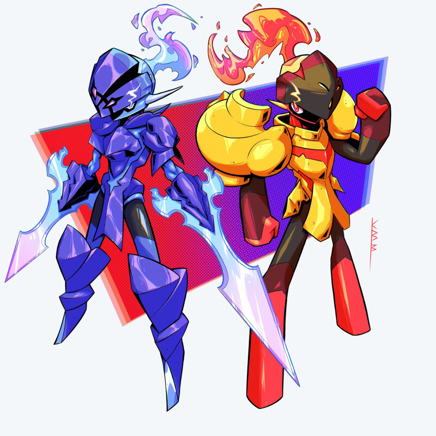 arm_blade arm_up armarouge armor artist_logo ceruledge clenched_hands eye_trail fiery_hair fire glowing glowing_eyes helmet highres lbrightbladel light_trail looking_at_viewer pokemon pokemon_(creature) purple_armor purple_fire red_eyes shoulder_armor simple_background sword violet_eyes weapon white_background yellow_armor