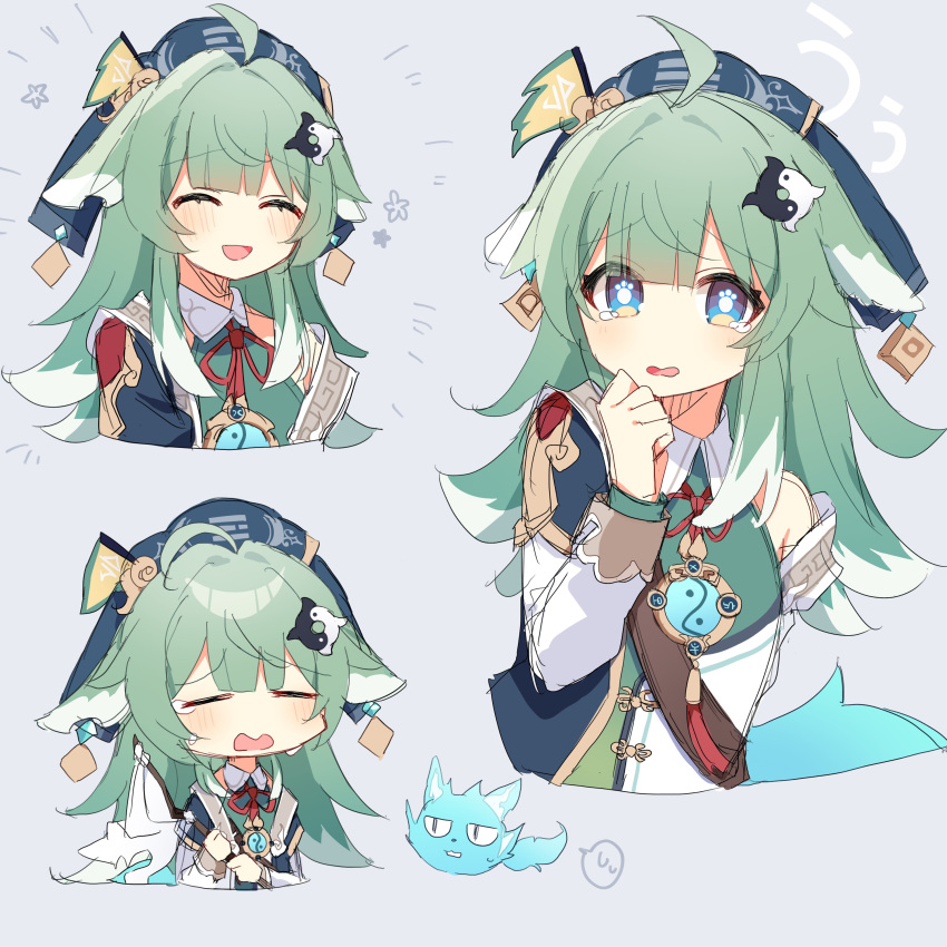 1girl :d absurdres blue_background blue_eyes blue_hat blush chibi chinese_knot closed_eyes collared_shirt cropped_torso emphasis_lines facing_viewer fox_girl green_hair green_shirt hair_intakes hand_on_own_chin highres hitodama honkai:_star_rail honkai_(series) huohuo_(honkai:_star_rail) long_bangs long_hair looking_at_viewer multiple_views neck_ribbon off_shoulder open_mouth paw_print-shaped_pupils red_ribbon ribbon shirt sidelocks simple_background smile uwasewau