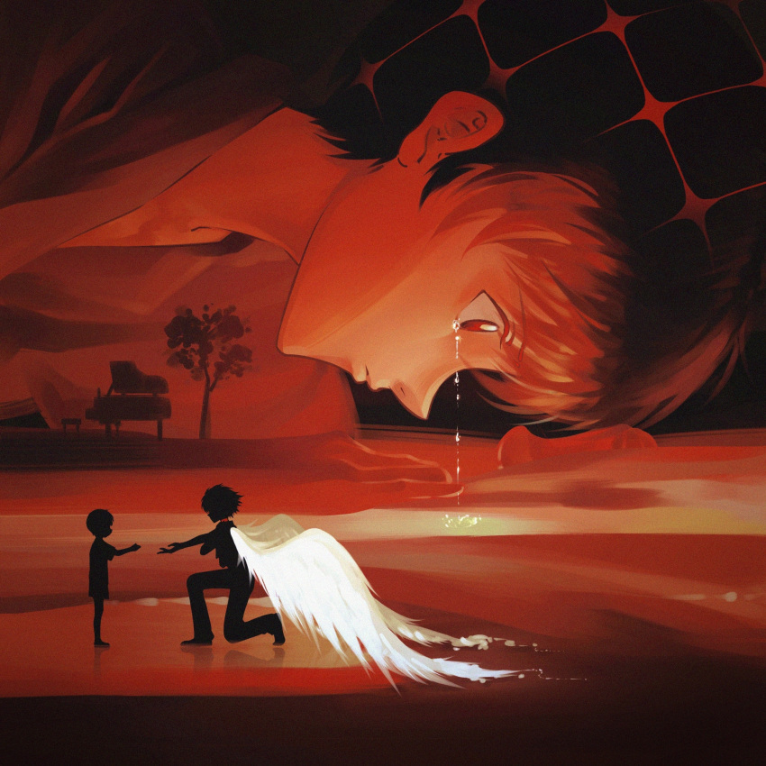 3boys angel_wings brown_hair chinese_commentary commentary_request crying crying_with_eyes_open dual_persona foufou1115 from_side highres ikari_shinji instrument lcl limited_palette male_focus multiple_boys nagisa_kaworu neon_genesis_evangelion on_one_knee outstretched_arm piano profile red_eyes short_hair silhouette size_difference standing surreal tears tree white_wings wings