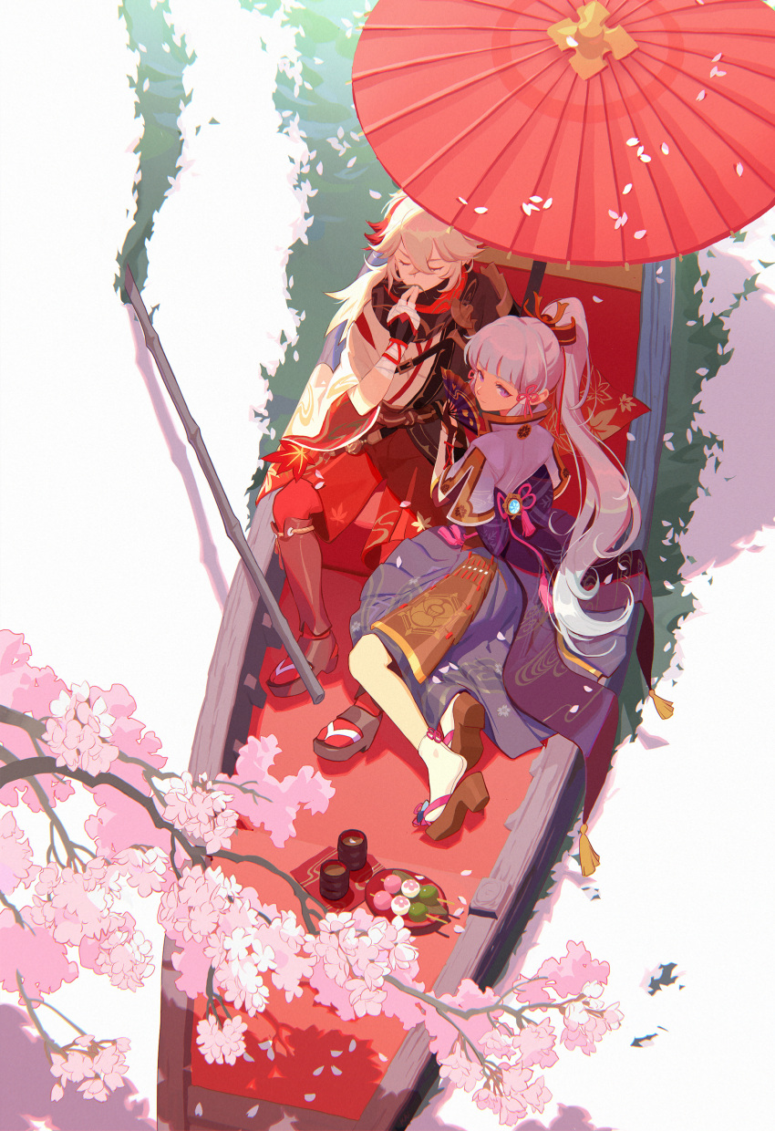 1boy 1girl absurdres back_bow bandaged_hand bandages blue_shirt blue_skirt blunt_bangs boat bow cherry_blossoms closed_eyes closed_mouth commentary crossed_bangs cup dango food from_above genshin_impact grey_hair hair_ribbon hakama hakama_shorts hand_fan hand_up highres holding holding_fan holding_leaf japanese_clothes kaedehara_kazuha kamisato_ayaka leaf leaf_flute leaf_print long_hair looking_at_viewer looking_back maple_leaf_print multicolored_hair petals ponytail red_shorts redhead ribbon shirt shorts sitting skirt socks tassel teacup tree tress_ribbon two-tone_hair very_long_hair violet_eyes vision_(genshin_impact) wagashi wangjiekai water watercraft white_socks wide_shot