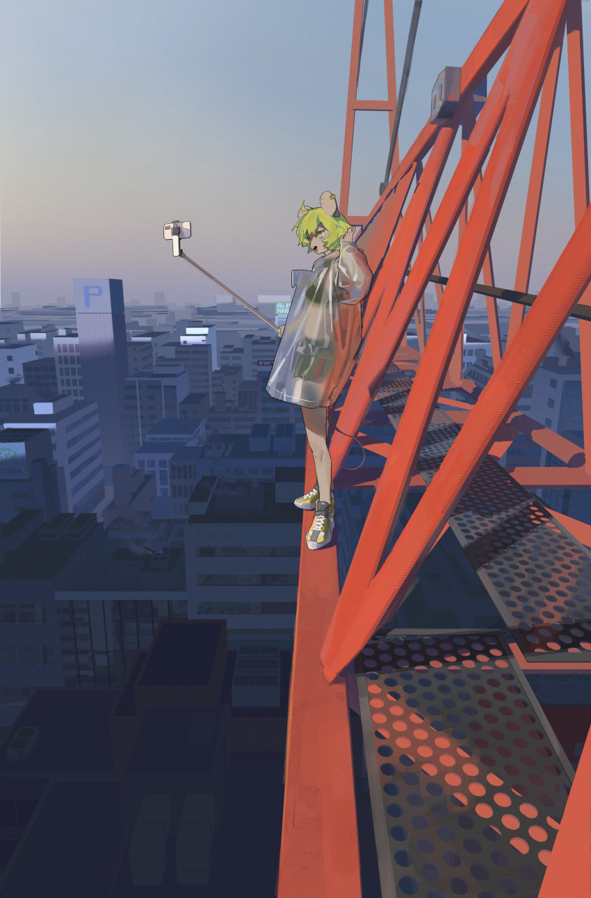 1girl :d absurdres ahoge animal_ears blue_sky building chinese_commentary city cityscape clear_sky commentary_request day ear_piercing from_side furry furry_female green_eyes green_footwear green_hair green_shorts hand_up highres jianpan_xiafang_de_da_kongge mouse_ears mouse_girl mouse_tail open_mouth original outdoors piercing raincoat scaffolding scenery selfie_stick shoes short_hair shorts sky smile sneakers solo standing tail transparent_raincoat