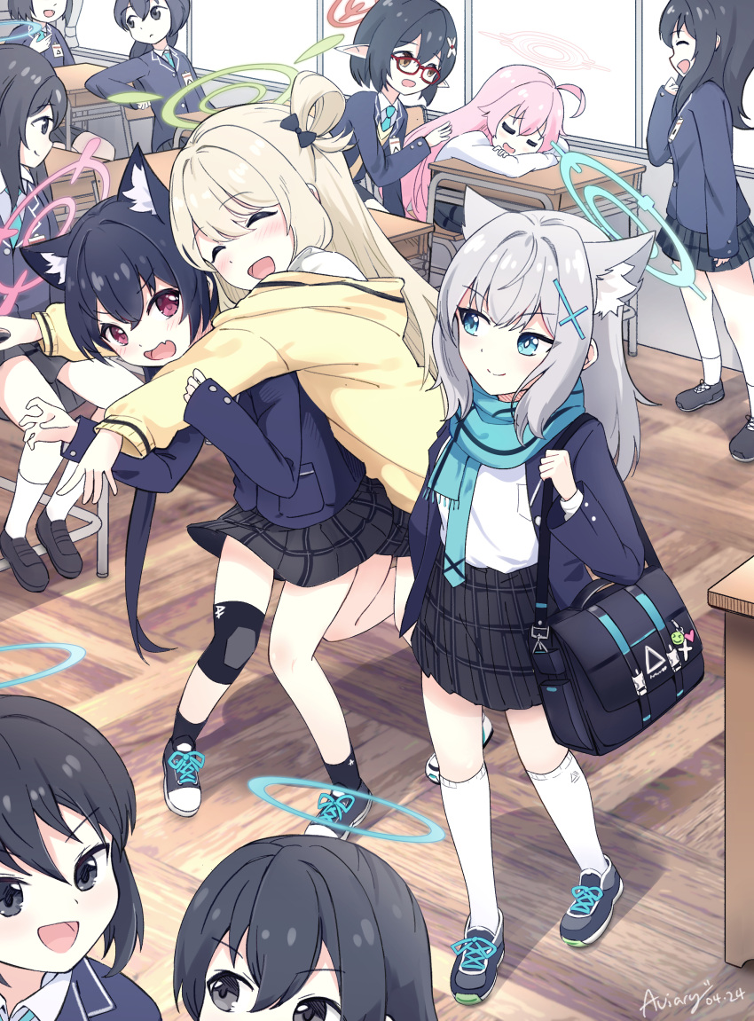 6+girls :d ^_^ absurdres ahoge animal_ear_fluff animal_ears arm_support aviary ayane_(blue_archive) bag bent_over black_eyes black_hair black_jacket black_skirt blazer blue_archive blue_necktie blue_scarf breast_pocket brown_eyes brown_hair cat_ears cat_girl chair classroom closed_eyes collared_shirt commentary cross_hair_ornament desk drooling english_commentary foreclosure_task_force_(blue_archive) glasses hair_between_eyes hair_bun hair_ornament halo head_rest highres hood hooded_jacket hoshino_(blue_archive) hug id_card indoors jacket kneehighs long_hair long_sleeves looking_at_another medium_hair multiple_girls necktie nonomi_(blue_archive) pink_hair plaid plaid_skirt pleated_skirt pocket pointy_ears red_eyes scarf school_bag school_chair school_desk school_uniform serika_(blue_archive) shiroko_(blue_archive) shirt shoes short_hair shoulder_bag sidelocks single_side_bun sitting skirt sleeping smile sneakers socks twintails waking_up white_shirt white_socks window wolf_ears wolf_girl yellow_jacket