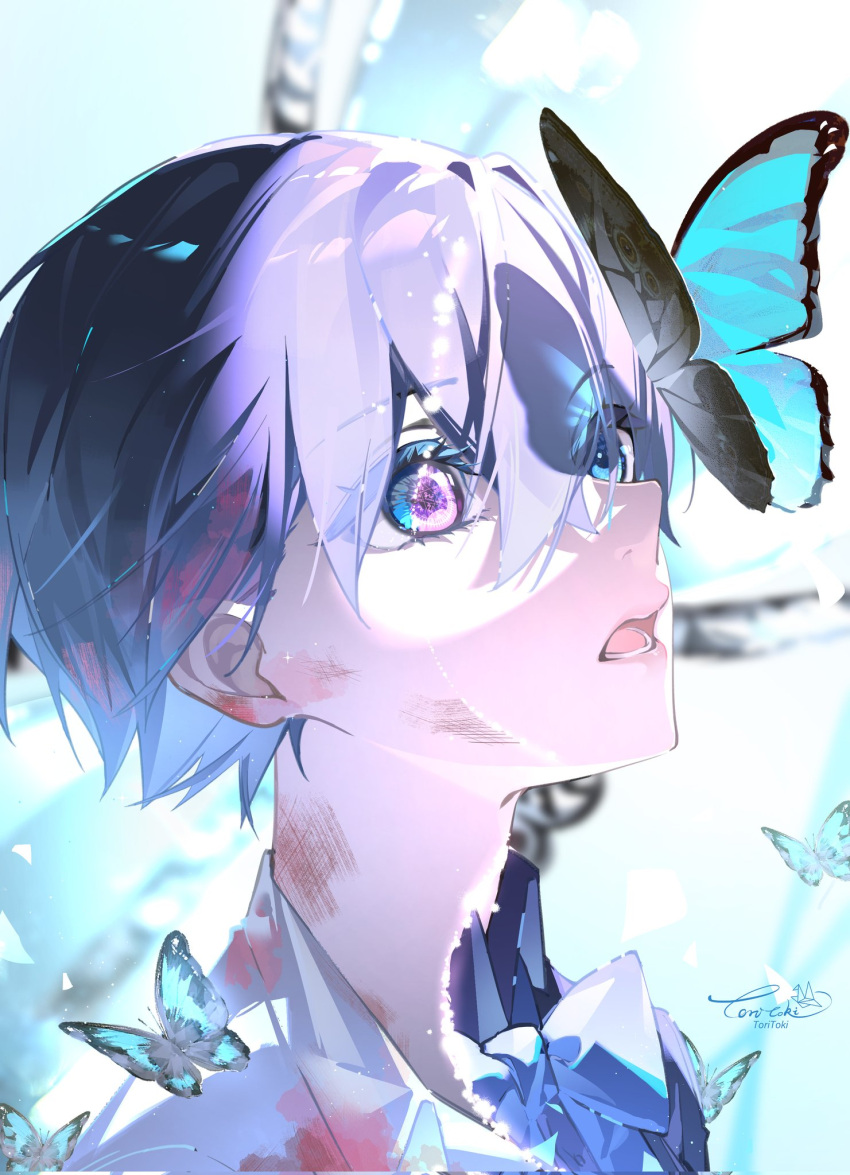 1boy bishounen blood blood_in_hair blood_on_clothes blue_bow blue_bowtie blue_eyes blue_jacket bow bowtie bug butterfly ciel_phantomhive corrupted_twitter_file glowing glowing_eye hair_between_eyes heterochromia highres jacket kuroshitsuji male_focus open_mouth pale_skin reflection short_hair signature solo toritoki_(1301237579) violet_eyes white_background white_theme
