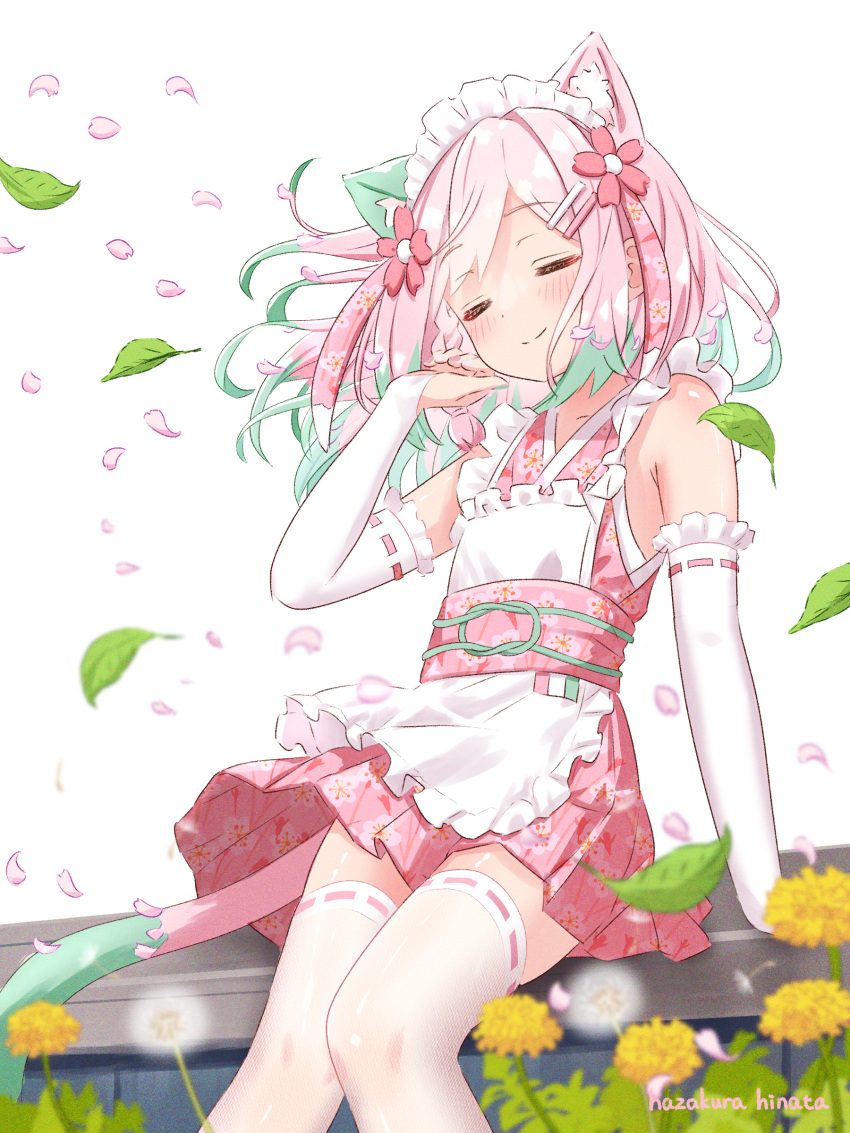 absurdres animal_ears apron bridal_gauntlets cat_ears cat_girl cat_tail closed_eyes closed_mouth dress green_hair hand_on_own_face hazakura_hinata highres maid maid_apron maid_headdress multicolored_hair original pink_dress pink_hair sitting smile tail variant_set wa_maid white_background