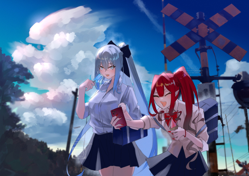 2girls bag baobhan_sith_(fate) black_skirt blue_eyes blue_sky blush bow closed_eyes clouds cloudy_sky eating fate/grand_order fate_(series) food hair_ribbon highres holding holding_phone morgan_le_fay_(chaldea_satellite_station)_(fate) morgan_le_fay_(fate) mother_and_daughter multiple_girls nail_polish office_lady open_mouth outdoors phone pink_hair pointy_ears ponytail popsicle railroad_crossing red_bow red_nails ribbon school_uniform shirt shoulder_bag sidelocks skirt sky sleeves_rolled_up smile white_hair white_shirt zumiki