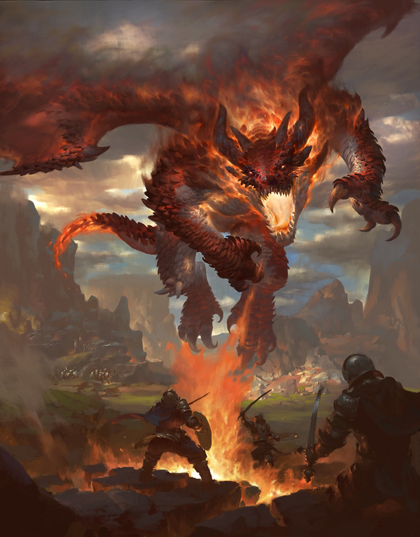 3boys animal_focus battle blue_sky breath_weapon breathing_fire claws clouds day dragoborne dragon english_commentary fiery_tail fiery_wings fire flying helm helmet highres holding holding_shield holding_sword holding_weapon horns knight legs_apart lius_lasahido monster multiple_boys multiple_horns official_art open_mouth outdoors realistic red_scales sharp_teeth shield sky smoke standing sword tail teeth weapon western_dragon wings