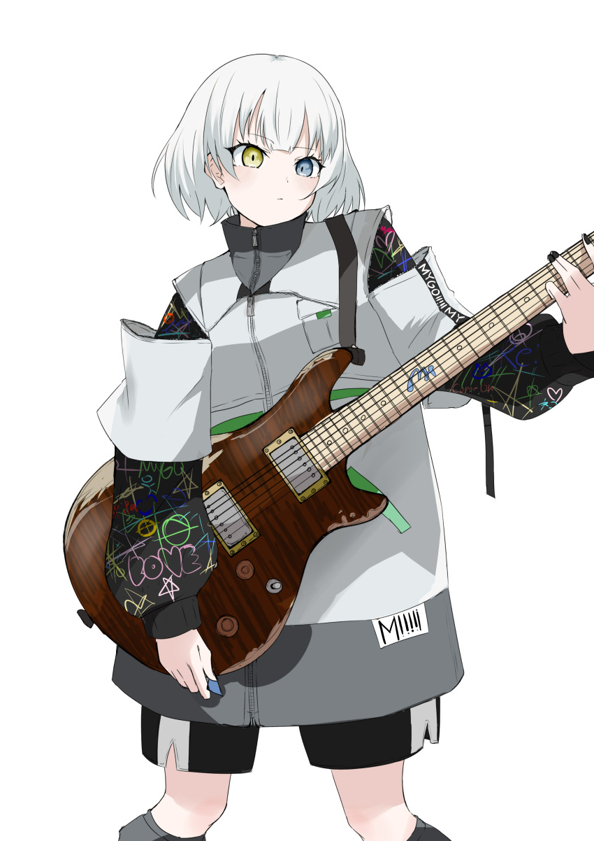 1girl absurdres bang_dream! bang_dream!_it's_mygo!!!!! black_shorts blue_eyes closed_mouth commentary_request cowboy_shot electric_guitar guitar heterochromia highres holding holding_guitar holding_instrument holding_plectrum instrument jacket kaname_raana long_sleeves looking_at_viewer onichan_anarchy plectrum short_hair shorts simple_background solo white_background white_hair white_jacket yellow_eyes