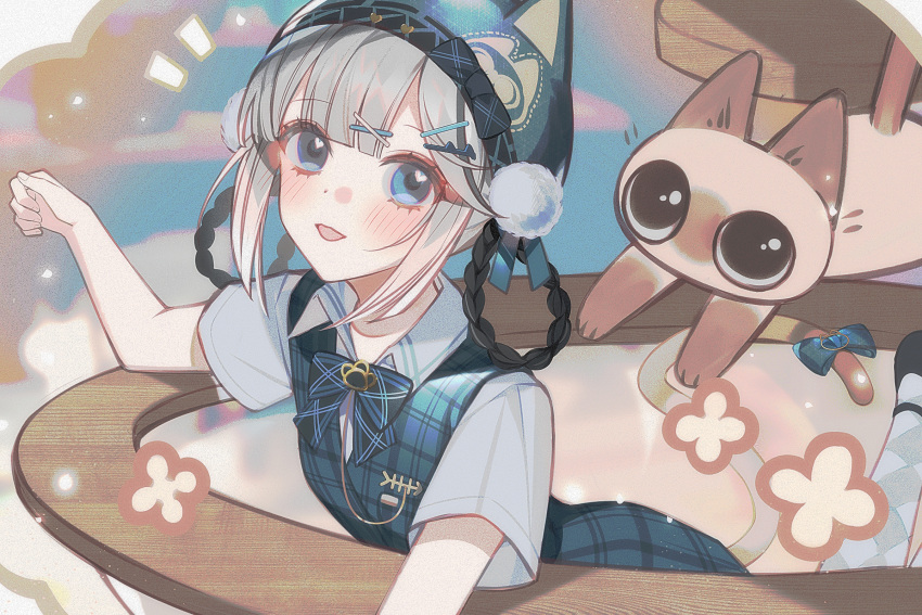 1girl animal_ear_headwear argyle_clothes argyle_legwear bambinata_(punishing:_gray_raven) black_footwear blue_bow blue_bowtie blue_dress blue_eyes blue_hat blush bow bowtie braided_hair_rings cat cat_girl cat_tail center-flap_bangs checkered_bow checkered_bowtie checkered_clothes checkered_dress chinese_commentary collared_shirt commentary dress grey_socks hair_ornament hairclip highres looking_at_viewer notice_lines official_alternate_costume parted_lips pinafore_dress pom_pom_hat_ornament punishing:_gray_raven shirt short_sleeves siamese_cat sleeveless sleeveless_dress socks solo sucui_jiaxinyun tail tail_bow tail_ornament upper_body white_hair white_shirt x_hair_ornament