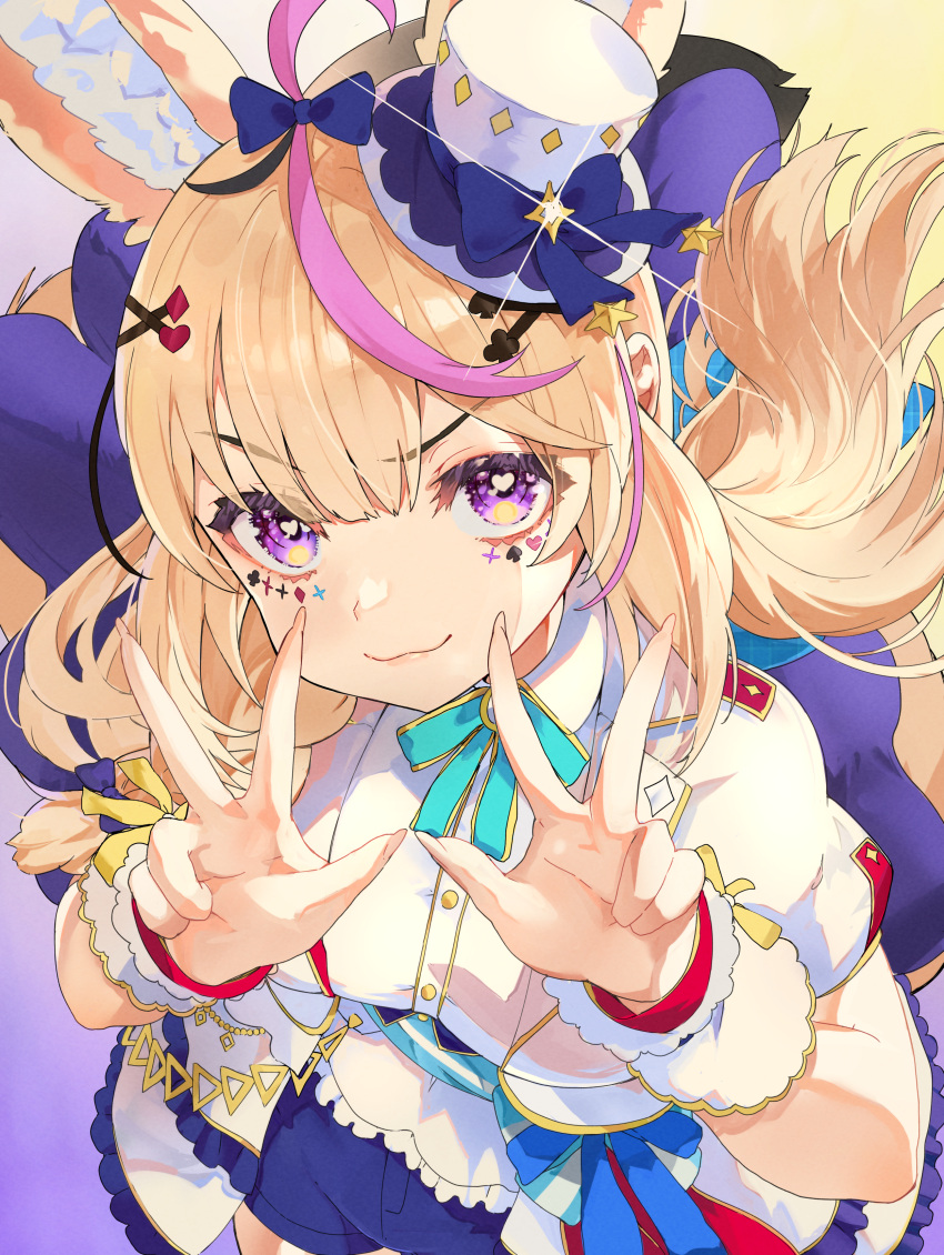 1girl :3 absurdres animal_ears black_hair blonde_hair blue_bow bow commentary_request double_w facial_mark fox_ears fox_girl from_above grey_background hair_bow hair_ornament hat heart heart-shaped_pupils highres hololive hololive_idol_uniform_(bright) long_hair looking_at_viewer mini_hat minus_zero69 multicolored_hair official_alternate_costume omaru_polka pink_hair playing_card_theme shorts solo sparkle star_(symbol) star_hair_ornament streaked_hair symbol-shaped_pupils violet_eyes virtual_youtuber w x_hair_ornament