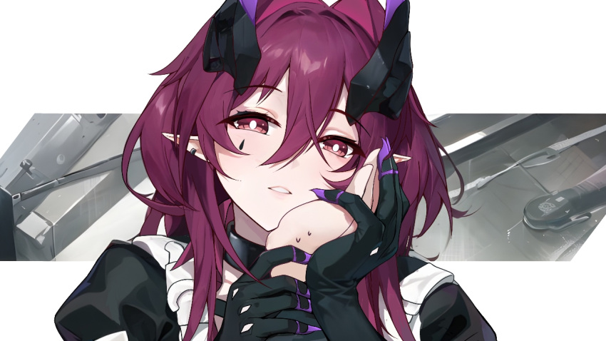 1girl apron arknights ascalon_(arknights) black_gloves close-up collar demon_girl demon_horns fingernails gloves hair_between_eyes hair_intakes hand_grab hand_on_another's_face horns long_hair long_wuxian looking_at_viewer maid maid_apron out_of_frame parted_lips pointy_ears portrait purple_hair sharp_fingernails sweatdrop upper_body violet_eyes