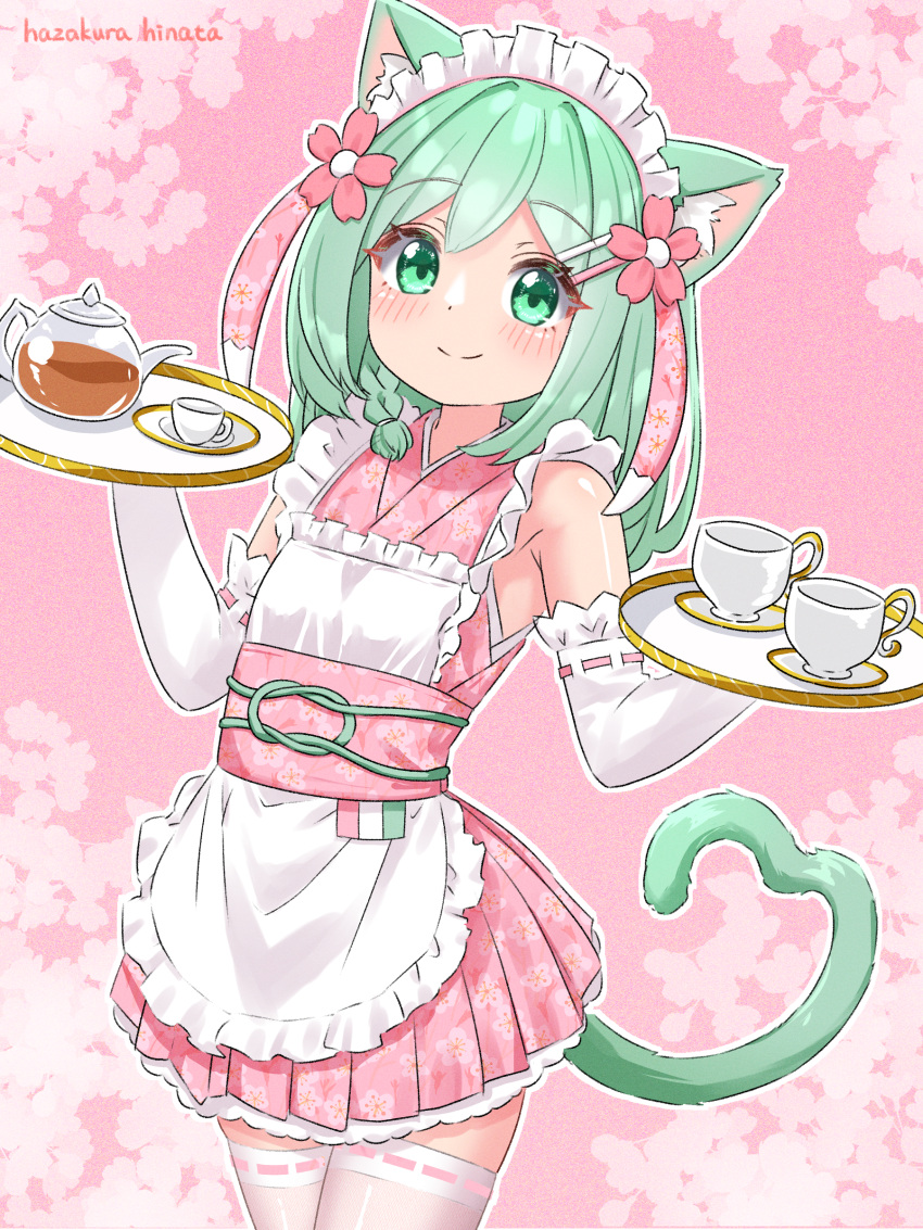 1girl absurdres animal_ear_fluff animal_ears apron blush braid cat_ears cat_girl cat_tail closed_mouth cup elbow_gloves floral_print flower frilled_apron frills gloves green_eyes green_hair hair_flower hair_ornament hairclip hazakura_hinata highres holding holding_tray japanese_clothes kimono looking_at_viewer maid maid_headdress obi original pink_background pink_flower pink_kimono ribbon_trim sash sleeveless sleeveless_kimono smile solo tail teacup teapot thigh-highs tray variant_set white_apron white_thighhighs