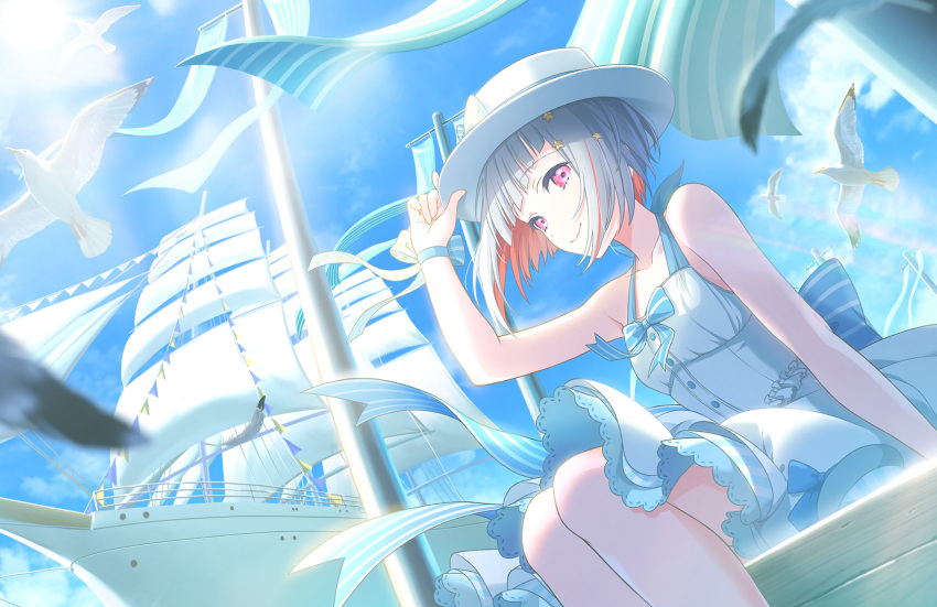 1girl back_bow bird blue_bow blue_ribbon blue_sky blurry blurry_foreground boater_hat bob_cut bow colored_inner_hair diagonal_bangs dress dress_ribbon feathers game_cg grey_hair hair_ornament halter_dress halterneck hat highres inverted_bob link!_like!_love_live! looking_at_viewer love_live! medium_dress multicolored_hair official_art penguin_ice_(love_live!) pink_eyes railing redhead ribbon sailing_ship seagull short_hair sitting sky sleeveless sleeveless_dress smile solo star_(symbol) star_hair_ornament streaked_hair striped_bow third-party_source virtual_youtuber white_dress white_hat wrist_bow yugiri_tsuzuri