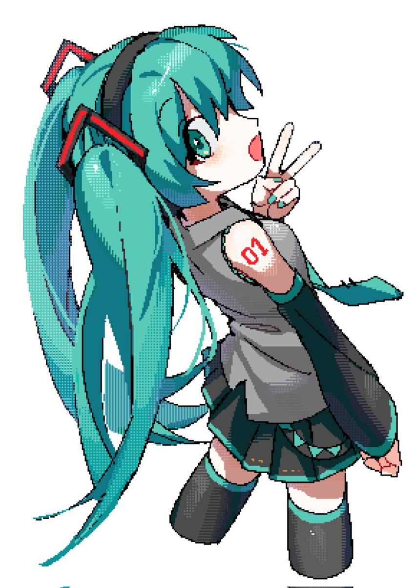 black_skirt black_sleeves black_thighhighs blue_eyes blue_hair blue_nails blue_trim collared_shirt cowboy_shot detached_sleeves grey_shirt hand_up hatsune_miku highres long_hair long_sleeves looking_at_viewer number_tattoo open_mouth pixel_art pleated_skirt samsap shirt skirt smile tattoo thigh-highs twintails v very_long_hair vocaloid