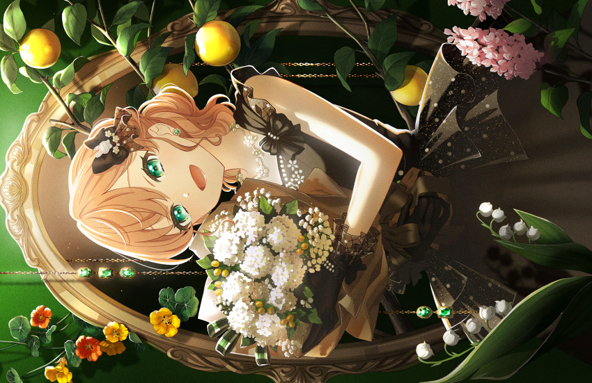 1girl aqua_eyes black_bow black_dress black_gloves blonde_hair bouquet bow collarbone cowboy_shot dress dress_bow earrings flower flower_earrings flower_necklace food frilled_gloves frills fruit game_cg gloves hair_bow hair_ornament highres hinoshita_kaho hinoshita_kaho_(17th_birthday) holding holding_bouquet jewelry lemon link!_like!_love_live! looking_at_viewer love_live! mirror official_art open_mouth orange_flower pink_flower ponytail rabbit_hair_ornament sidelocks sideways sleeveless sleeveless_dress smile solo stud_earrings third-party_source upper_body virtual_youtuber white_flower yellow_flower