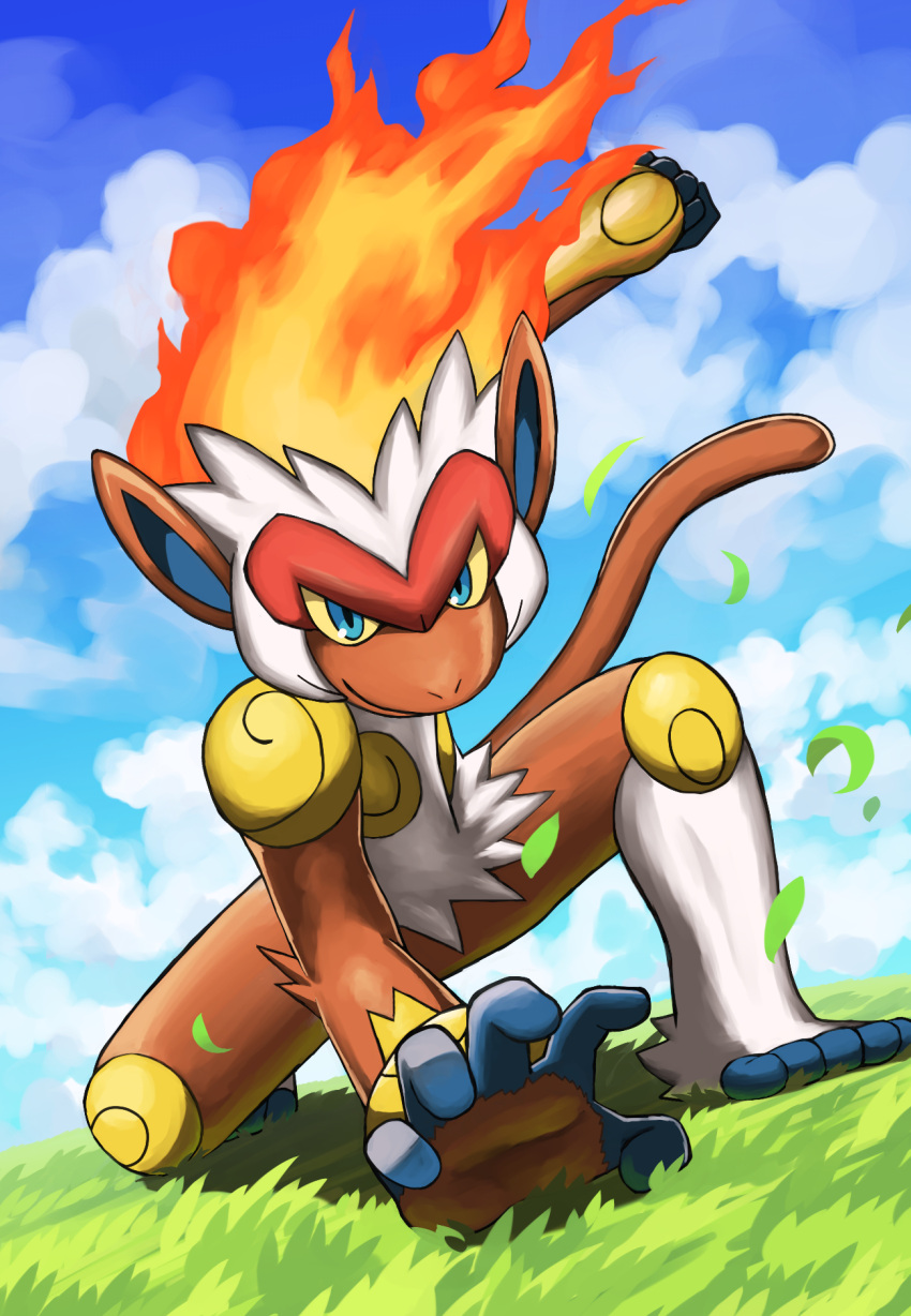 blue_eyes blue_sky closed_mouth clouds colored_sclera commentary_request fiery_hair highres infernape jira_(ziraiya26) monkey pokemon pokemon_(creature) sky smile tail yellow_sclera
