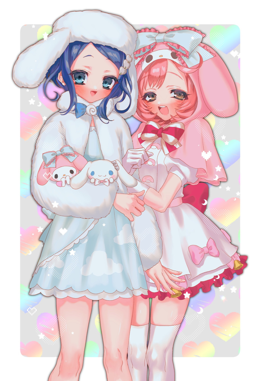 2girls :d animal_ears animal_hood ayase_naru bad_id bad_twitter_id blue_dress blue_eyes blue_hair blush bow brown_eyes capelet cinnamoroll coat commentary_request dress fake_animal_ears feet_out_of_frame fur_coat fur_hat gloves hat highres holding holding_stuffed_toy hood hood_up hooded_capelet looking_at_viewer multiple_girls my_melody onegai_my_melody open_mouth pink_bow pink_capelet pink_hair pretty_rhythm pretty_rhythm_rainbow_live pretty_series rabbit_hood rinne_(pretty_rhythm) sanrio short_hair smile standing stuffed_animal stuffed_rabbit stuffed_toy thigh-highs white_coat white_dress white_gloves white_hat white_thighhighs yuiitsu
