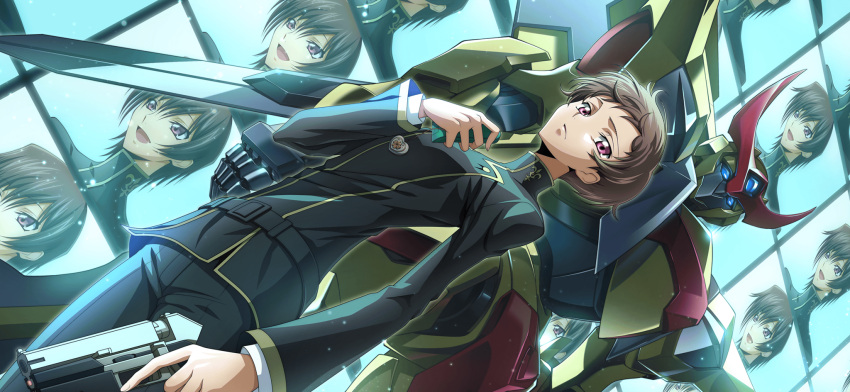 1boy arm_at_side artist_request belt black_jacket black_pants blue_background blue_eyes brown_hair buttons closed_mouth code_geass code_geass:_lost_stories cowboy_shot dutch_angle game_cg gun hand_up handgun heart highres holding holding_gun holding_phone holding_weapon jacket jewelry layered_sleeves lelouch_vi_britannia light_particles locket long_sleeves looking_at_viewer male_focus mecha monitor non-web_source official_art pants pendant phone robot rolo_lamperouge school_uniform short_hair sidelocks solo standing trigger_discipline turtleneck turtleneck_jacket vincent_(code_geass) violet_eyes weapon