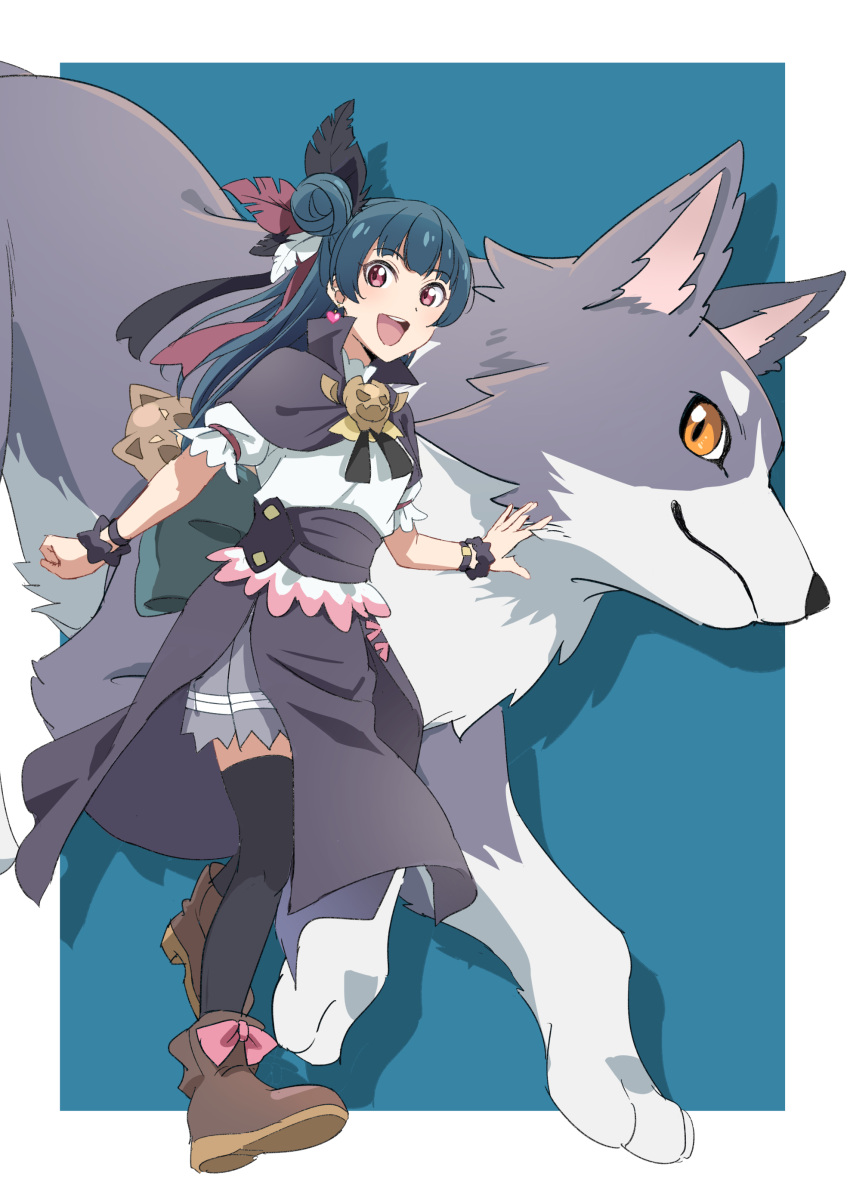 1girl :d absurdres black_feathers black_thighhighs blue_hair boots border bow brown_footwear cape dog earrings feather_hair_ornament feathers genjitsu_no_yohane grey_cape grey_skirt hair_ornament hairband heart heart_earrings highres jewelry lailaps_(genjitsu_no_yohane) looking_at_viewer love_live! love_live!_sunshine!! miniskirt orange_eyes pink_bow pleated_skirt red_eyes red_feathers shirt short_hair short_sleeves skirt smile thigh-highs vorupi white_border white_feathers white_shirt yohane_(genjitsu_no_yohane) zettai_ryouiki
