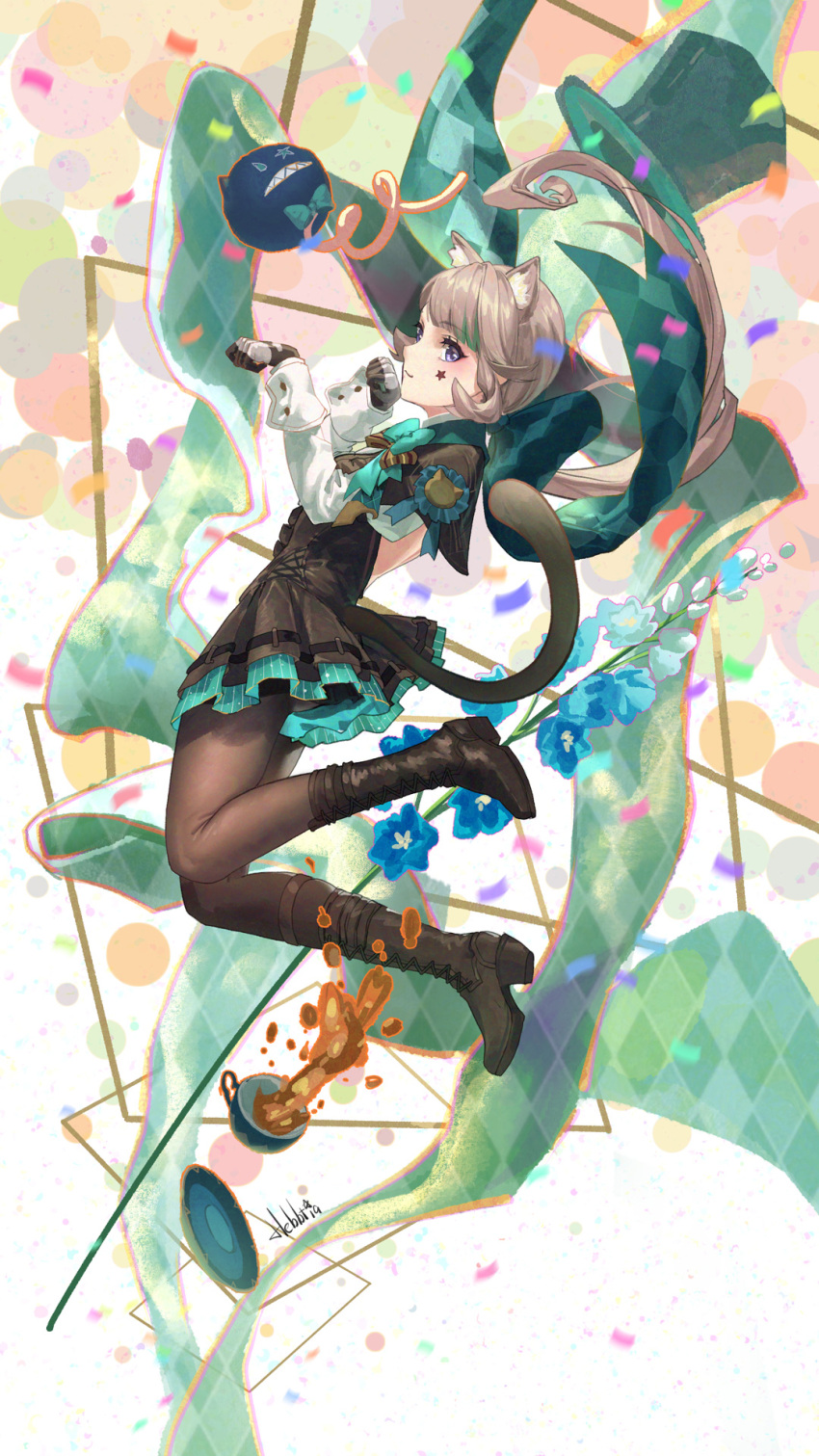 1girl animal_ears artist_name black_dress black_footwear black_gloves black_pantyhose boots bow cat_ears cat_girl cat_tail confetti cup dress facial_mark flower genshin_impact gloves green_bow grey_hair hair_bow hat hebbtia highres large_bow long_hair long_sleeves lynette_(genshin_impact) multicolored_hair pantyhose ponytail ribbon signature solo solo_focus star_(symbol) streaked_hair tail teacup top_hat two-tone_gloves violet_eyes