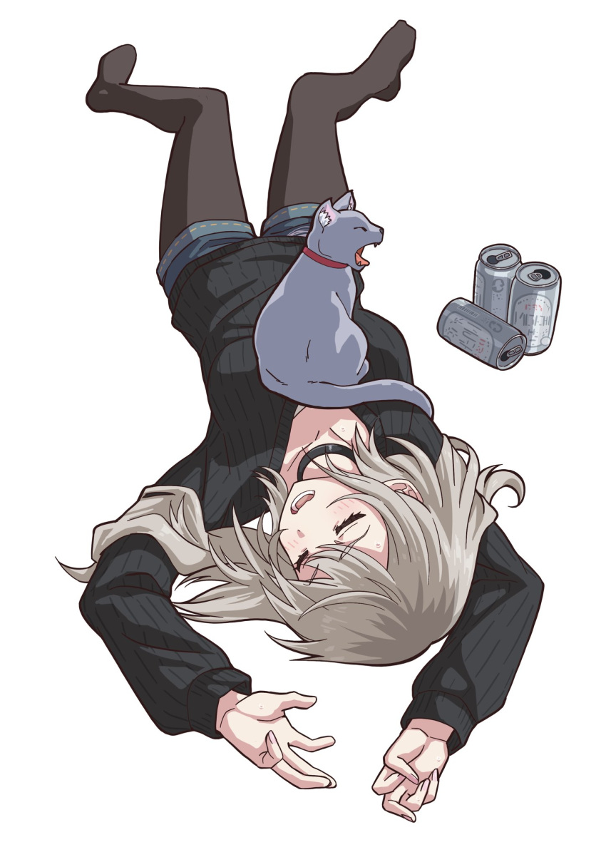 1girl beer_can black_choker black_pantyhose black_sweater can cat_on_person choker closed_eyes drink_can full_body girls_band_cry grey_cat grey_hair highres kawaragi_momoka long_hair long_sleeves lying on_back open_mouth pantyhose simple_background sleeping solo somasoutaro sweatdrop sweater white_background