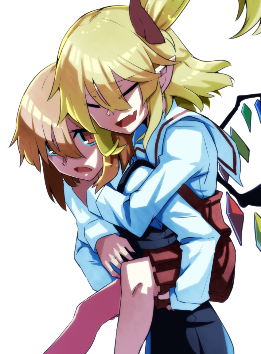 2girls =_= black_skirt black_vest blonde_hair carrying closed_eyes commentary_request crystal_wings fang flandre_scarlet highres long_sleeves manekinekoppoi_inu medium_hair multiple_girls no_headwear open_mouth piggyback pointy_ears ponytail red_eyes red_skirt rumia shirt simple_background skin_fang skirt smile touhou vest white_background white_shirt