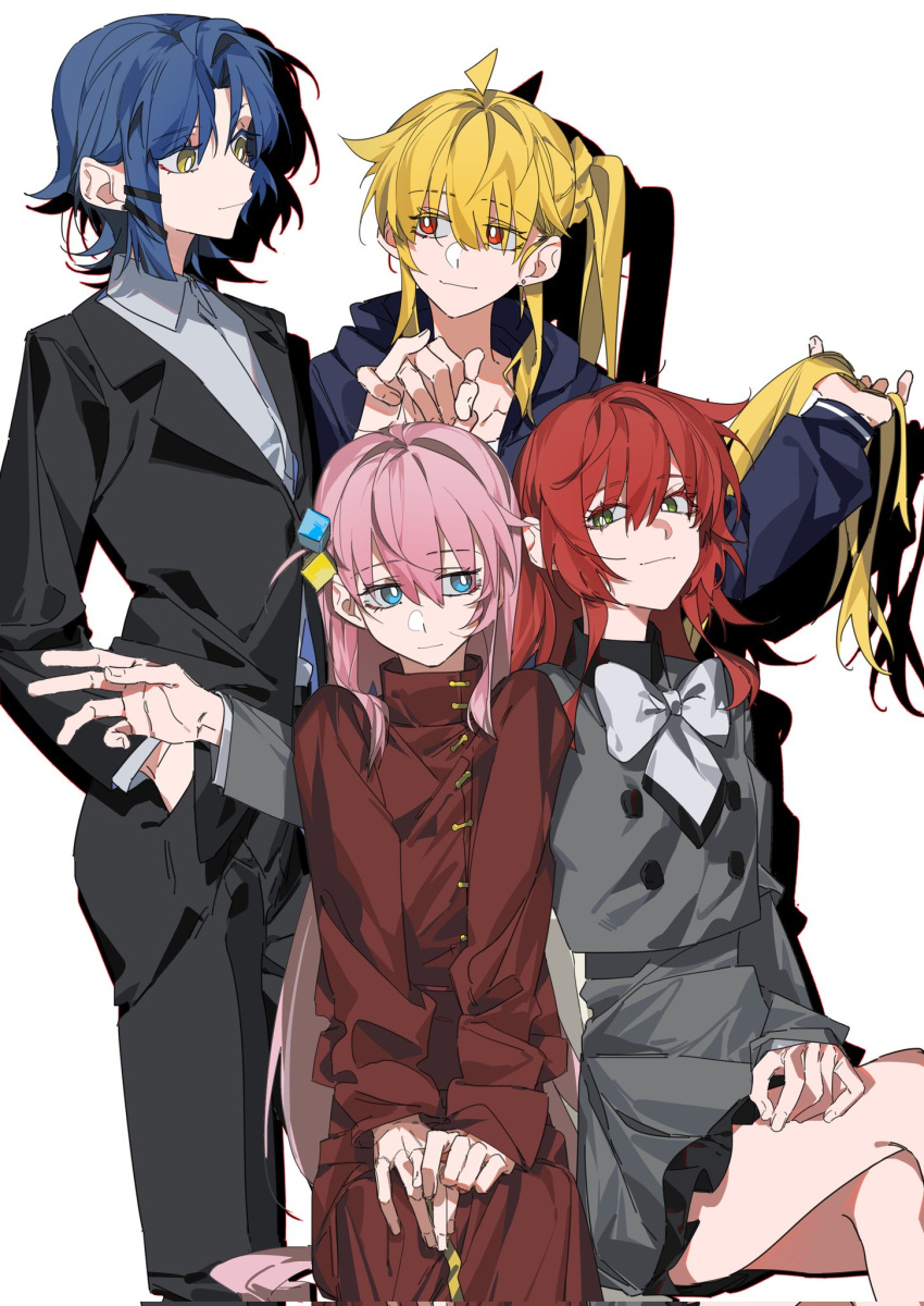 4girls ahoge arm_around_shoulder asymmetrical_hair black_jacket black_pants black_suit blonde_hair blue_eyes blue_hair blue_jacket bocchi_the_rock! bow bowtie bright_pupils closed_mouth collared_shirt commentary corrupted_twitter_file crossed_legs cube_hair_ornament dress earrings gotoh_hitori green_eyes grey_shirt grey_skirt hair_ornament hand_in_pocket hand_on_lap highres holding_hands ijichi_nijika jacket jewelry kita_ikuyo long_hair long_sleeves looking_at_another looking_at_viewer molu_stranger multiple_girls pants pink_hair pleated_skirt red_dress red_eyes redhead shadow shirt short_hair side_ponytail simple_background sitting skirt smile stud_earrings suit suit_jacket very_long_hair white_background white_bow white_bowtie white_pupils white_shirt white_skirt yamada_ryo yellow_eyes