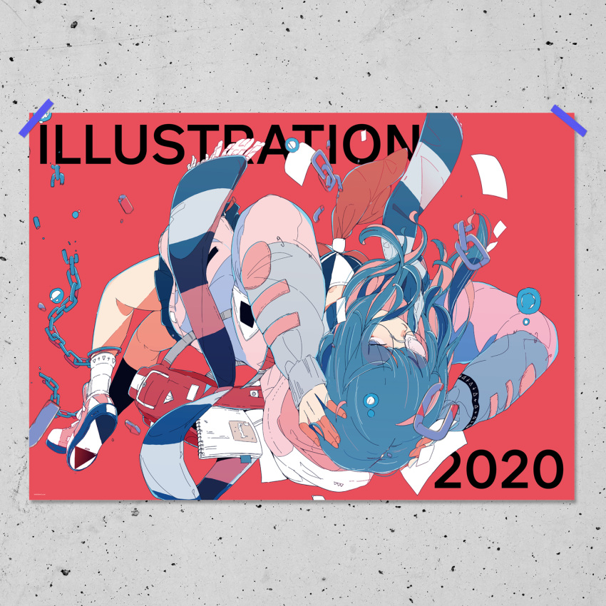 1girl 2020 bare_legs black_skirt blue_hair bubble chain daisukerichard flat_color glasses highres illustration.media jacket long_hair long_sleeves neckerchief pink_jacket pleated_skirt red_background red_neckerchief round_eyewear scarf shoes simple_background skirt solo upside-down