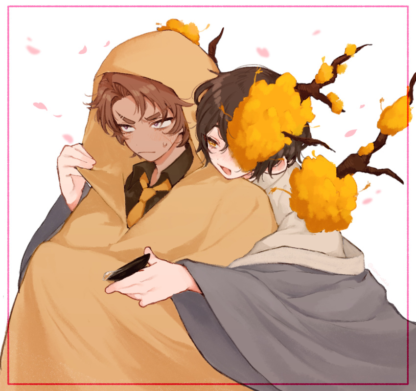 2boys black_hair branch brown_cloak brown_hair cloak coat cup dark-skinned_male dark_skin e.g.o_(project_moon) flower grey_coat hair_flower hair_ornament heathcliff_(project_moon) highres limbus_company long_sleeves multiple_boys open_mouth project_moon sakazuki shirt simple_background smile uchimura_(rino0525) upper_body violet_eyes white_background white_shirt wings yellow_eyes yellow_flower yi_sang_(project_moon)