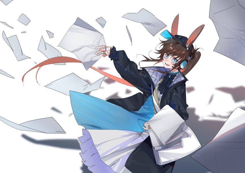 1girl amiya_(arknights) amiya_(newsgirl)_(arknights) animal_ears arknights arm_up ascot black_ascot black_coat black_hat blue_coat blue_eyes bright_pupils brown_hair coat commentary dress headphones highres holding holding_paper jewelry light_particles long_hair looking_at_viewer molu_stranger multiple_rings open_mouth paper papers ponytail rabbit_ears ring short_hair simple_background smile two-sided_coat two-sided_fabric white_background white_dress white_pupils