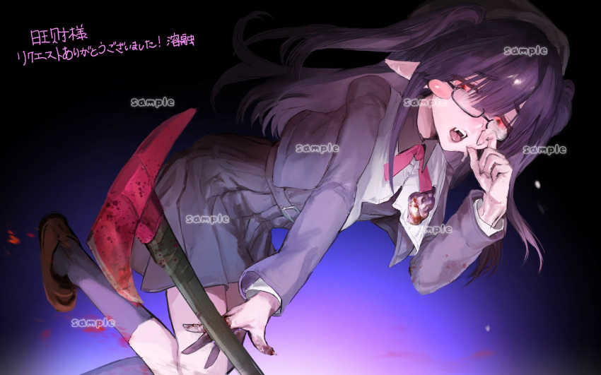 1girl axe black_hair check_copyright copyright_request fangs highres jacket loafers long_hair looking_at_viewer neck_ribbon open_mouth original pointy_ears red_eyes ribbon sample_watermark shoes skirt socks solo tearing_up teeth twintails watermark youyuu_(melt_yo103)