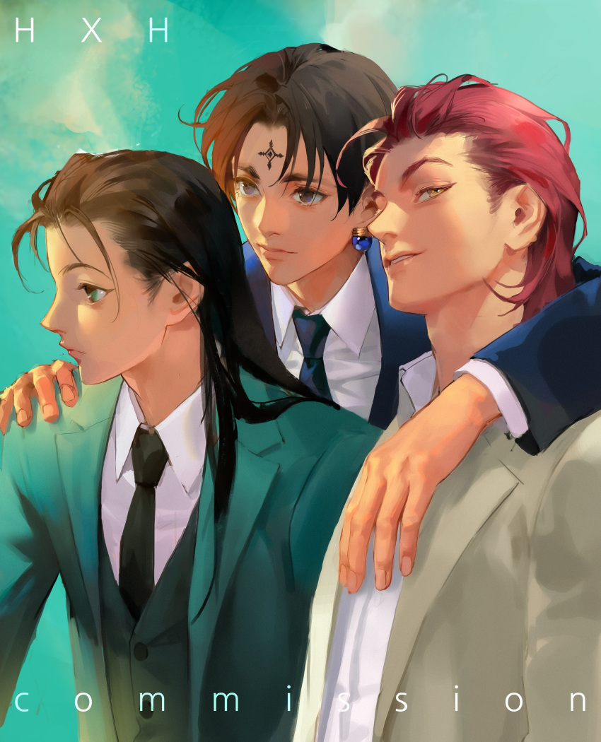 3boys absurdres alternate_costume arm_behind_head black_eyes black_hair black_suit blue_jacket brown_jacket business_suit chrollo_lucilfer closed_mouth collared_jacket collared_shirt copyright_name cropped_torso cross_tattoo dress_shirt earrings facial_mark facial_tattoo forehead_mark forehead_tattoo formal green_jacket green_vest hair_slicked_back hand_on_another's_shoulder highres hisoka_morow holding hunter_x_hunter illumi_zoldyck jacket jewelry jidaart lips long_hair long_sleeves looking_ahead looking_to_the_side male_focus medium_hair mullet multiple_boys necktie open_clothes open_jacket parted_lips redhead shirt short_hair simple_background smile sphere_earrings suit tattoo upper_body vest white_shirt yellow_eyes