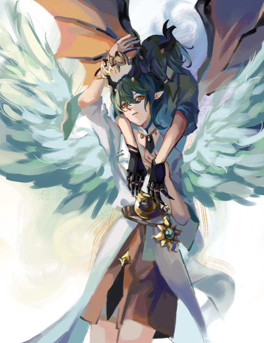 2boys angel angel_and_devil angel_wings arm_up belt black_belt black_horns blue_(bluespring1513) brown_shorts claws closed_mouth cowboy_shot detached_collar dragon_wings dual_persona gold_belt gold_necklace green_hair green_shirt hair_between_eyes halo hand_on_own_chest head_down highres honkai_(series) honkai_impact_3rd horns hug hug_from_behind jewelry kosma looking_at_viewer multiple_boys necklace orange_eyes orange_wings parted_lips pointy_ears shirt short_hair shorts sleeves_past_elbows sleeves_rolled_up standing waist_cape white_background white_shirt white_wings wings