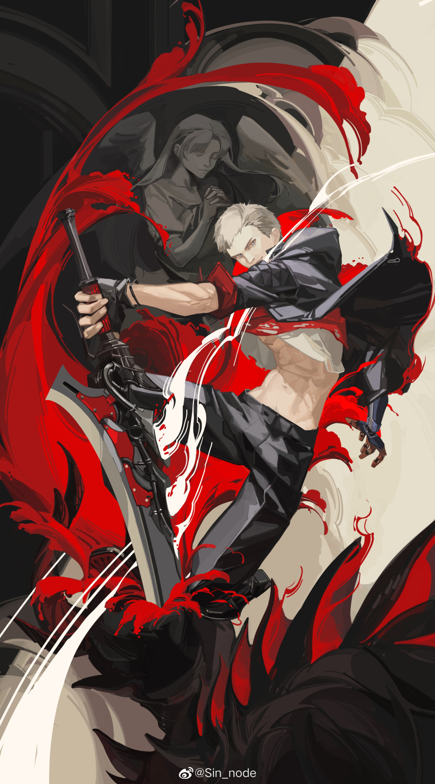 1boy absurdres blue_eyes devil_may_cry_(series) devil_may_cry_5 fingerless_gloves gloves highres holding hood jacket looking_at_viewer male_focus nero_(devil_may_cry) open_mouth short_hair sin_node smile solo sword weapon white_hair