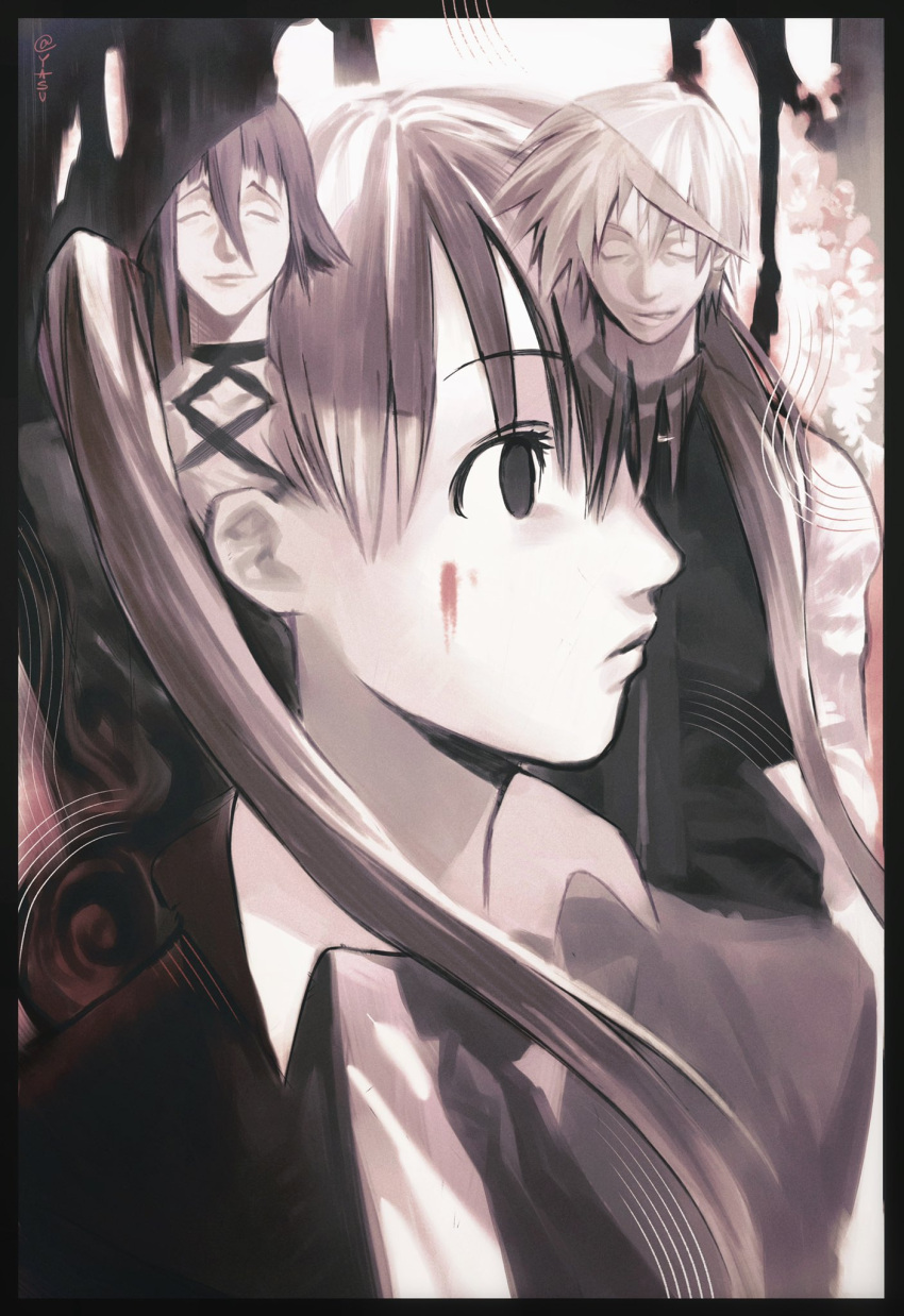 1boy 1girl 1other androgynous ann_yasu_d black_necktie blood blood_on_face closed_eyes closed_mouth crona_(soul_eater) hair_between_eyes highres long_hair maka_albarn monochrome necktie short_hair soul_eater soul_evans twintails upper_body