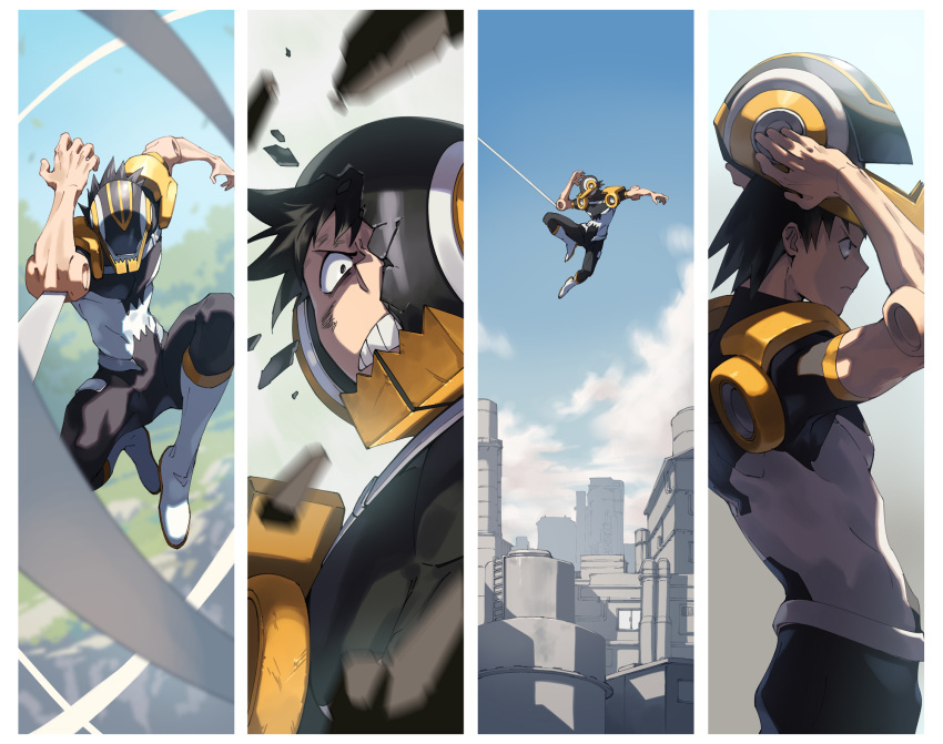 1boy arm_up arms_up atmospheric_perspective black_eyes black_hair blurry blurry_background blurry_foreground bodysuit boku_no_hero_academia boots broken_helmet building cel_shading city clenched_teeth cliff closed_mouth clouds collage colored_shoe_soles commentary covered_face day debris floating_hair from_side frown grass hand_up helmet highres holding holding_helmet knee_boots knees_up ladder leaning_forward light looking_ahead looking_at_viewer male_focus midair multiple_views mutation outdoors outstretched_arm profile scowl scratches serious sero_hanta shade shards short_hair short_sleeves shoulder_pads sideways_mouth skin_tight spiky_hair sunlight tape teeth turtleneck turtleneck_bodysuit water_tank white_footwear window zinnkousai3850