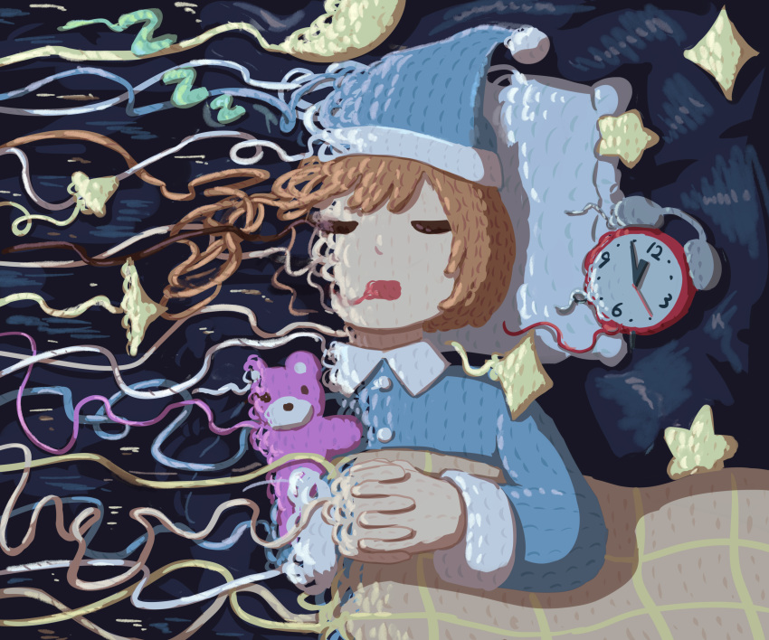 1girl absurdres alarm_clock avogado6 blue_background blue_hat blue_pajamas bob_cut brown_hair clock closed_eyes collared_shirt commentary facing_up facing_viewer from_above hat head_on_pillow highres long_sleeves lying nightcap on_back open_mouth original own_hands_clasped own_hands_together pajamas shirt short_hair sleeping solo star_(symbol) stuffed_animal stuffed_toy teddy_bear under_covers unraveling upper_body yarn