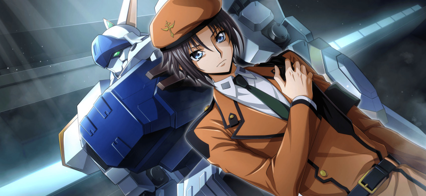 1boy arm_at_side armband aroundight_(code_geass) artist_request belt beret black_hair blue_eyes buttons closed_mouth code_geass code_geass:_lost_stories collared_shirt dutch_angle game_cg green_eyes green_necktie hand_on_own_chest hand_up hat highres indoors jacket light_particles light_rays long_sleeves male_focus mario_disel mecha necktie non-web_source official_art orange_hat orange_jacket robot serious shirt short_hair sidelocks solo standing upper_body v-shaped_eyebrows white_shirt